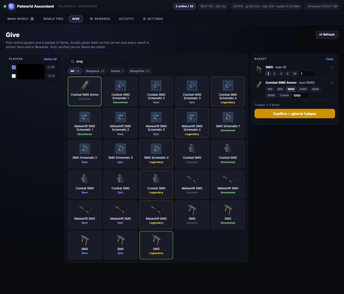 PalMap item administration interface, with player names removed.