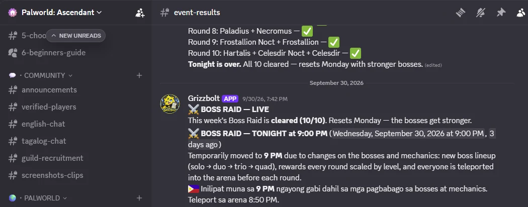 Ascendant Discord bot announcement explaining boss event changes.
