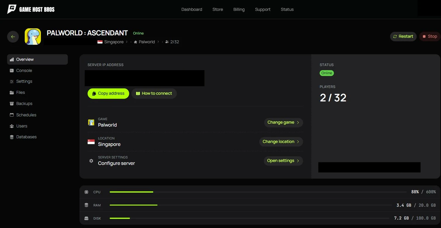 Ascendant hosted-server operations panel, with connection details removed.