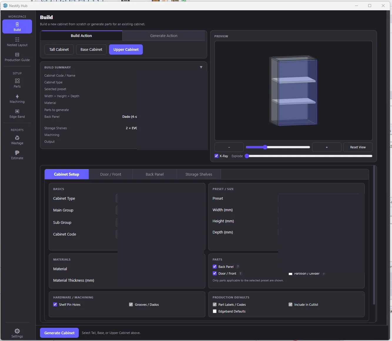 Nestify cabinet production workflow interface preview.