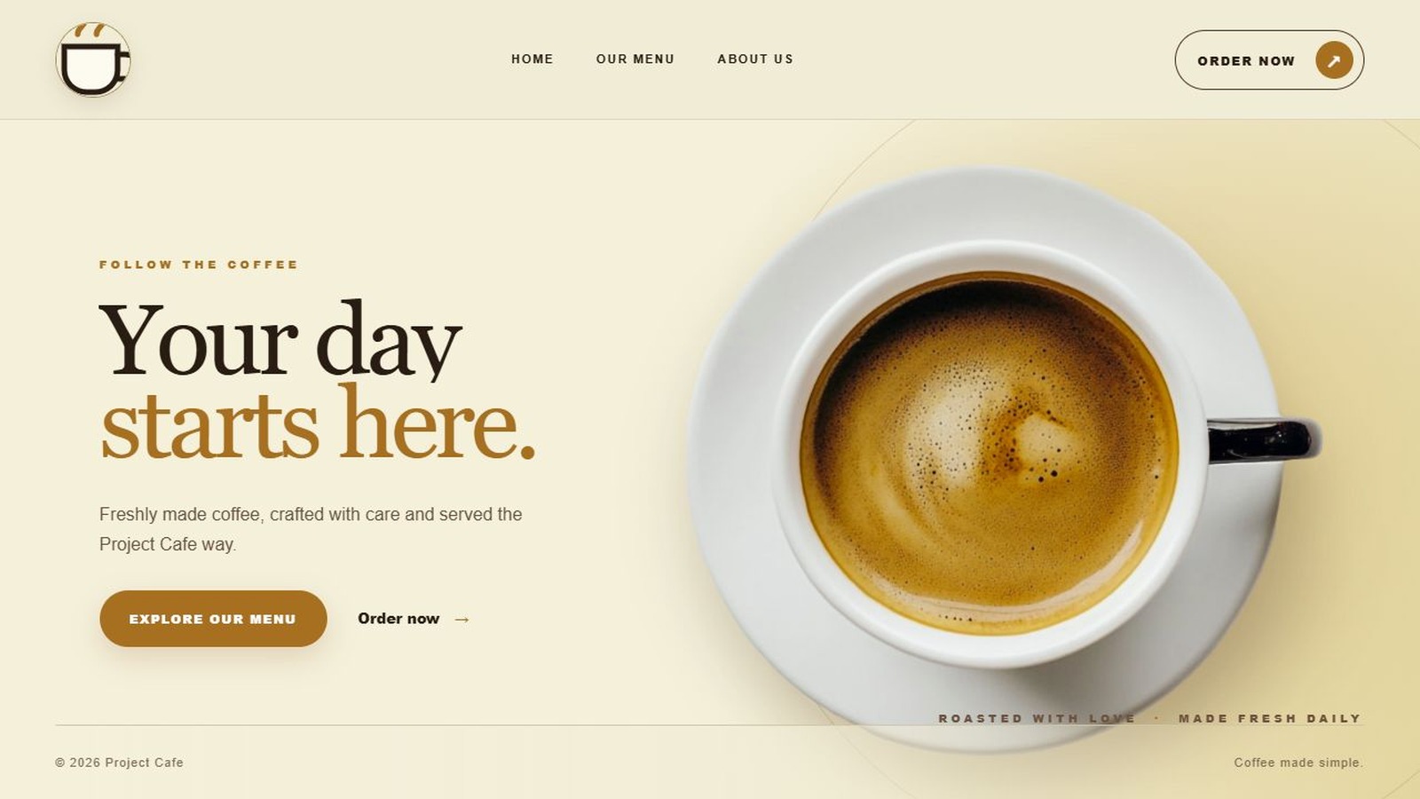 Project Cafe customer ordering website home page.