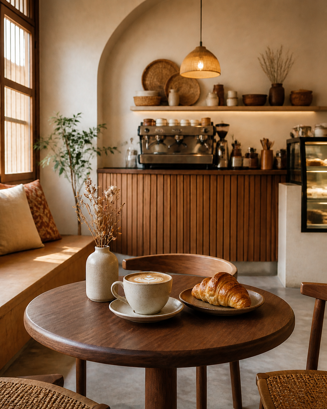 A warm Project Cafe interior with coffee and a pastry on a wooden table